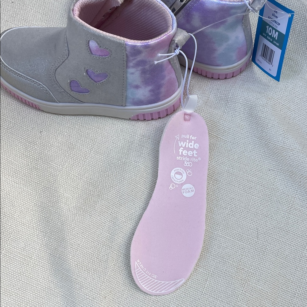 Stride Rite Girls 10 NWT Silver High-Top Sneakers Pink Accents & Heart Cutouts - Picture 12 of 13